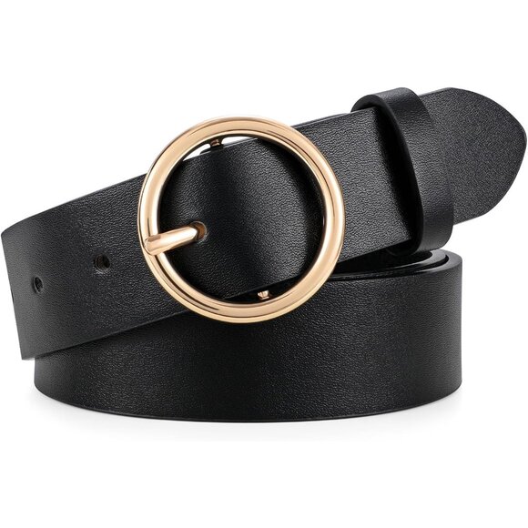 Women Leather Belt with Circle Gold Buckle Fashion Ladies Waist Belt Black Gold main image 8